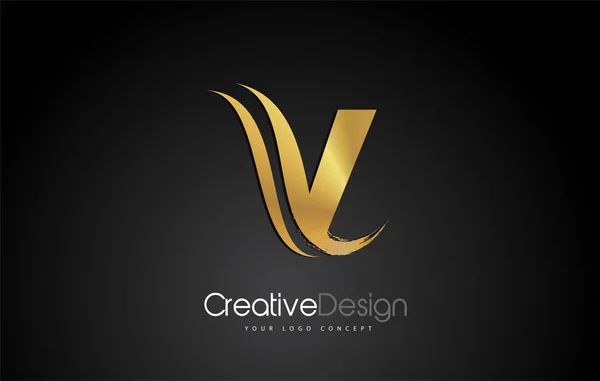 Gold Metal V Letter design ecset Paint stroke a fekete Backgroun — Stock Vector