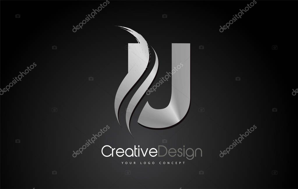 Silver Metal U Letter Design Brush Paint Stroke. Letter Logo with Black Background