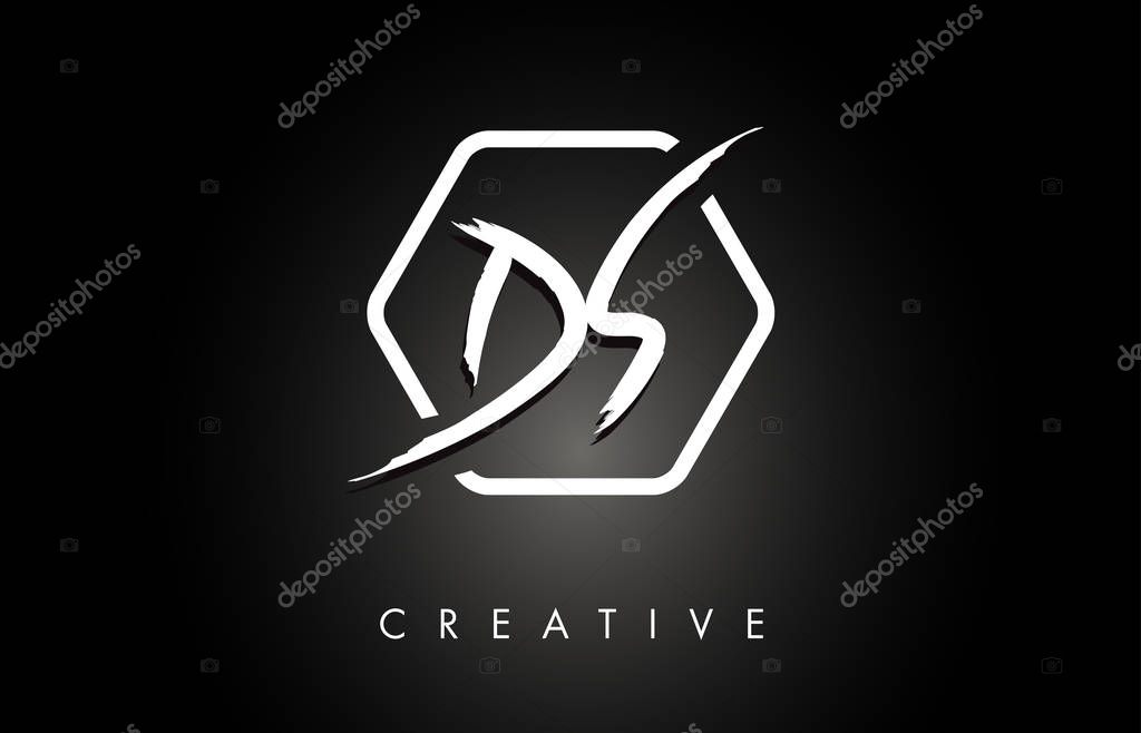 DS D S Brushed Vector Letter Logo Design with Creative Modern Brush Lettering Texture and Hexagonal Shape. Brush Letters Design Logo Vector Illustration.