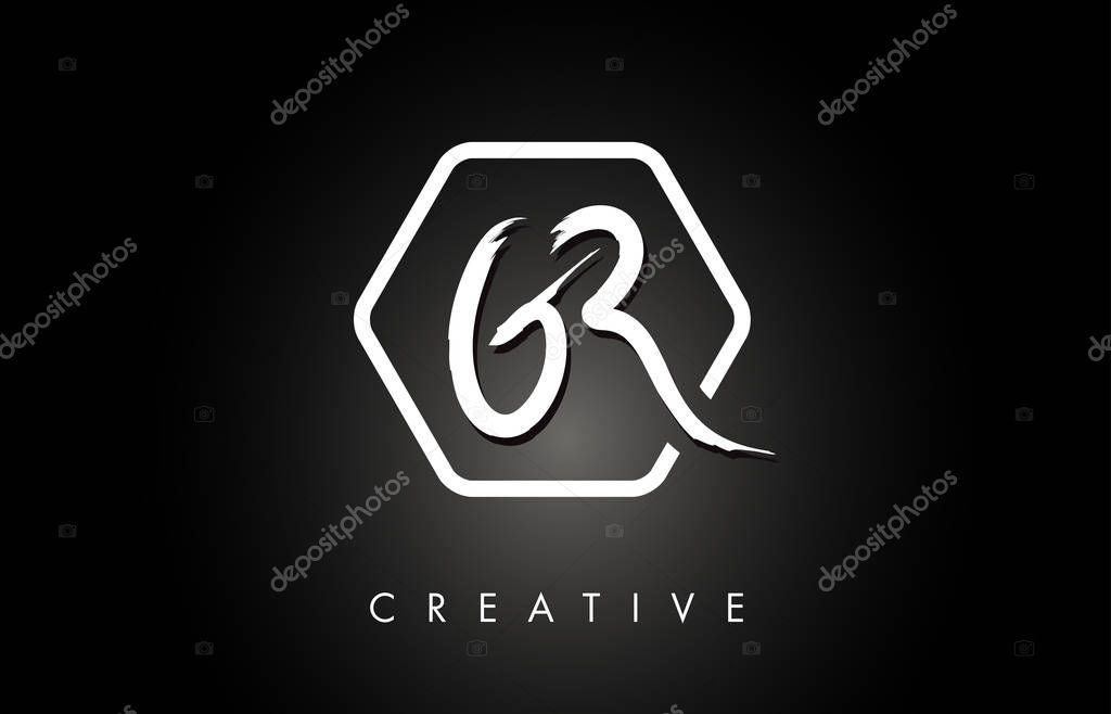GR G R Brushed Vector Letter Logo Design with Creative Modern Brush Lettering Texture and Hexagonal Shape. Brush Letters Design Logo Vector Illustration.