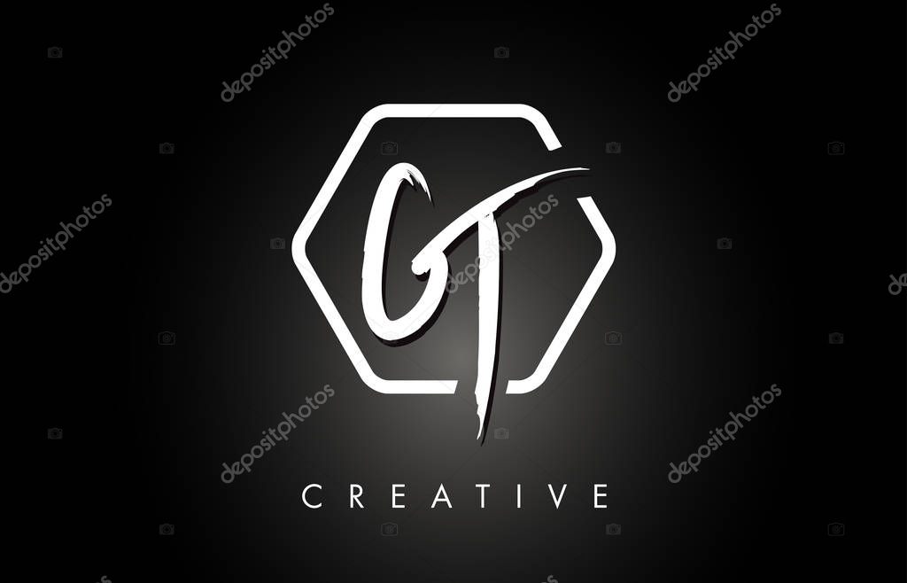 GT G T Brushed Vector Letter Logo Design with Creative Modern Brush Lettering Texture and Hexagonal Shape. Brush Letters Design Logo Vector Illustration.