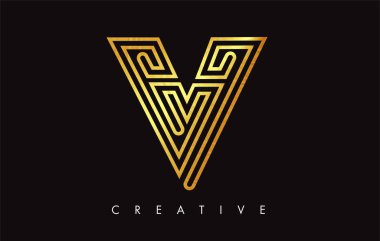 Altın V Harfi Logo Tasarımı. Altın Doku Vektör İllüstrasyon ile V harfi Logo Simgesi