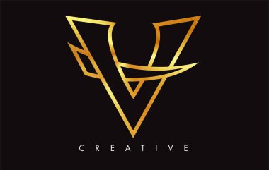 Altın V Harfi Logo Tasarımı. Altın Doku Vektör İllüstrasyon ile V harfi Logo Simgesi