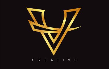 Altın V Harfi Logo Tasarımı. Altın Doku Vektör İllüstrasyon ile V harfi Logo Simgesi