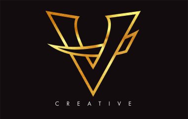 Altın V Harfi Logo Tasarımı. Altın Doku Vektör İllüstrasyon ile V harfi Logo Simgesi