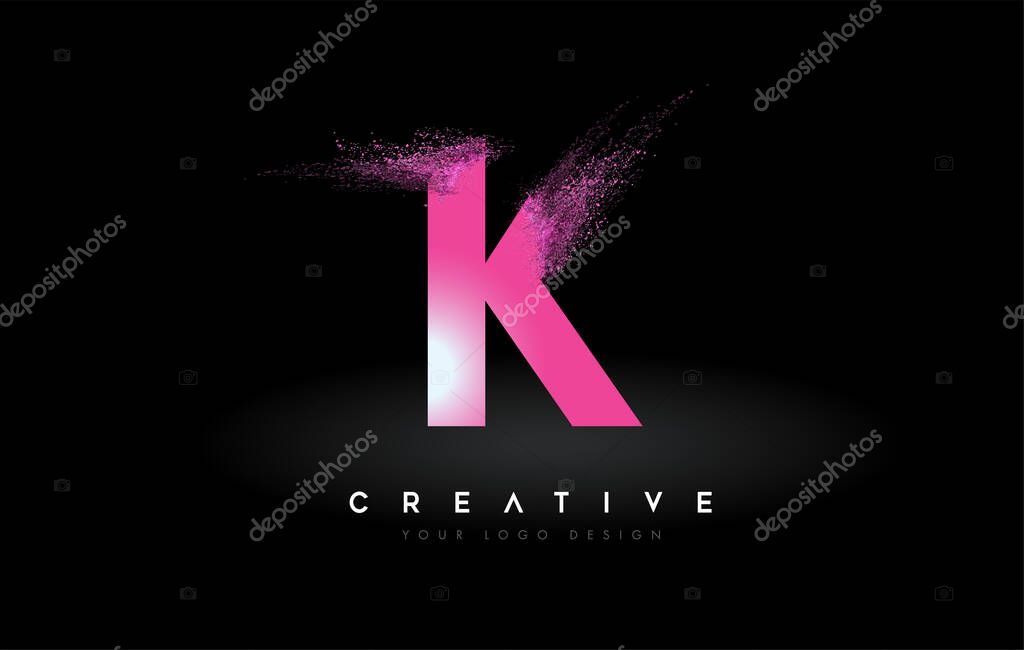 K Letter Logo with Dispersion Effect and Purple Pink Powder Particles Expanding Ash Vector Illustration.