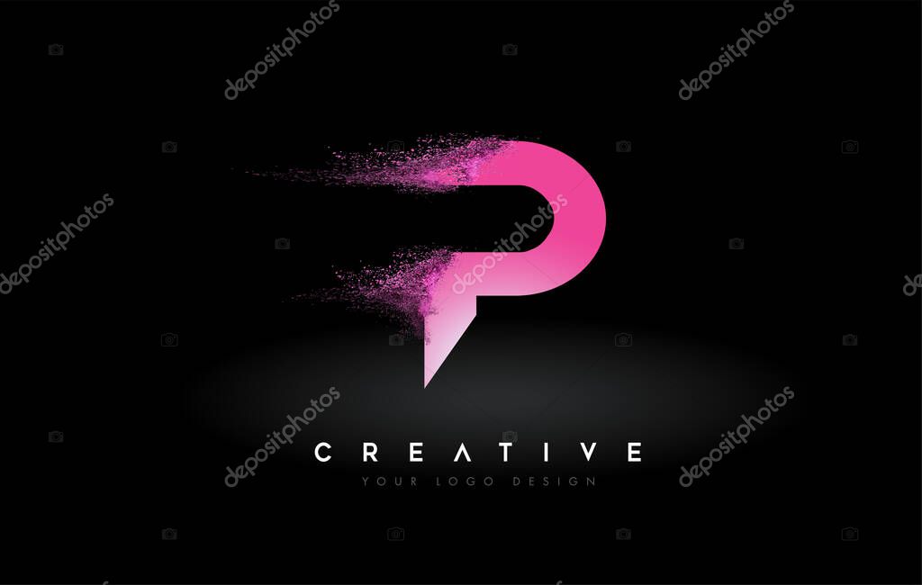 P Letter Logo with Dispersion Effect and Purple Pink Powder Particles Expanding Ash Vector Illustration.