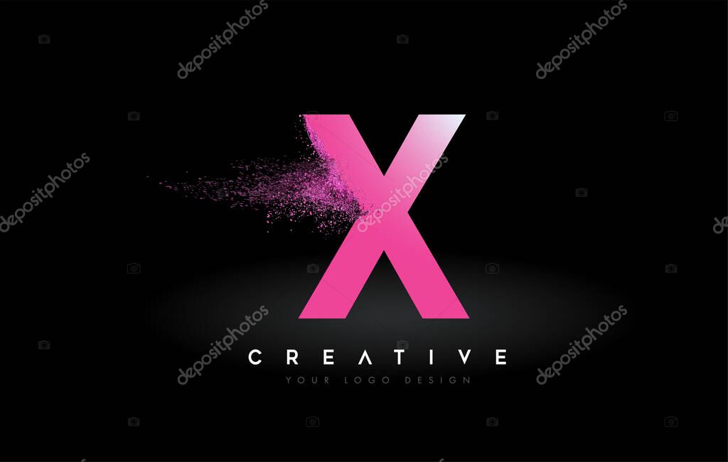 X Letter Logo with Dispersion Effect and Purple Pink Powder Particles Expanding Ash Vector Illustration.
