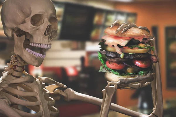Esqueleto Divertido Comer Comida Chatarra Tienen Estilo Vida Poco Saludable — Foto de Stock
