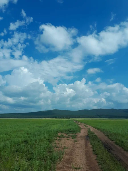 Photographie Chemin Terre Rural Campagne Prairie Verte Été Dirigeant Vers — Photo