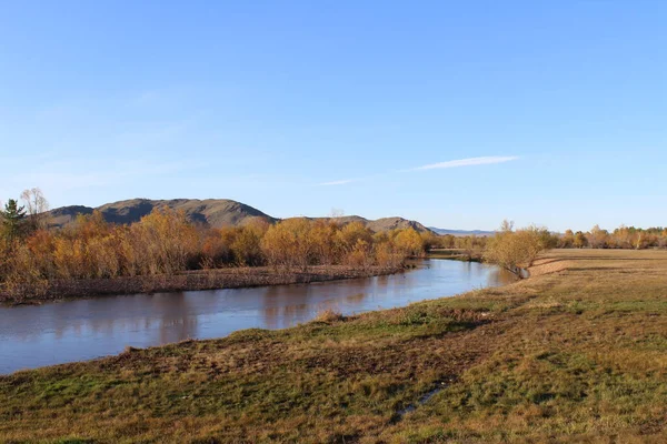 Photographie Printemps Vue Automne Nature Sibérienne Avec Herbe Jaune Rivière — Photo