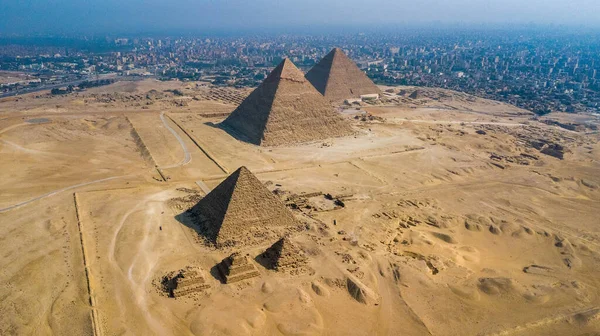 Historické Pyramidy Gíze Egyptě Zastřelil Dron — Stock fotografie