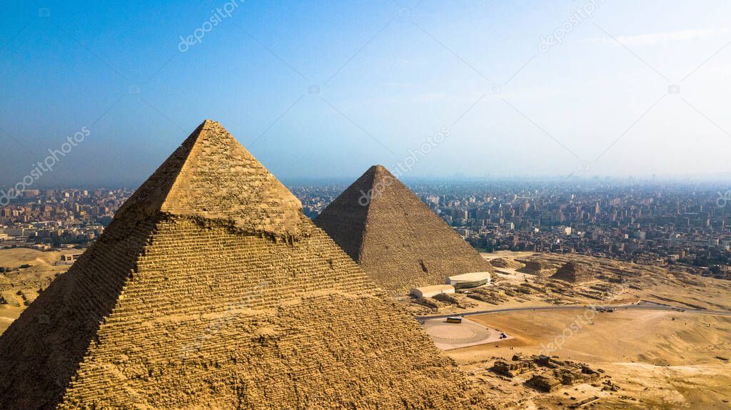 Historical Giza pyramids in Egypt shot by drone.