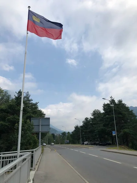 Bandera Liechtenstein Ondea Sobre Puente Del Rin Balzers 2019 — Foto de Stock