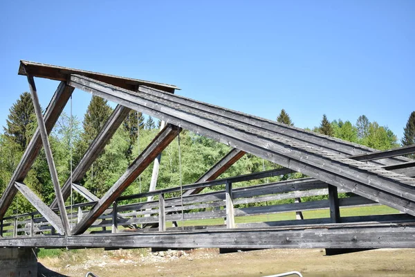 Liten Träbro Vid Sihlsee Schweiz 2020 — Stockfoto