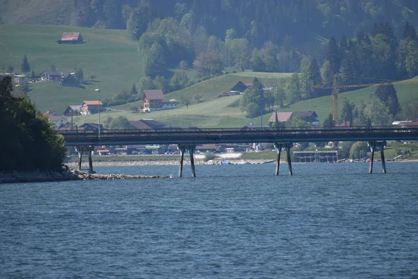 Ponte Longa Sobre Sihlsee Suíça 2020 — Fotografia de Stock