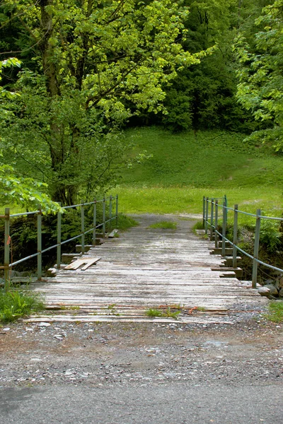 Kleine Holzbrücke Über Ein Flüsschen Weisstannental Der Schweiz 2020 — Stockfoto