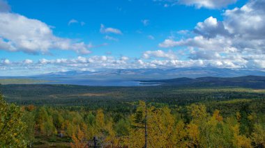 Rus kuzeyinin çarpıcı doğası. Tundra, Murmansk bölgesi. Monchegorsk 'ta muhteşem bir sonbahar.