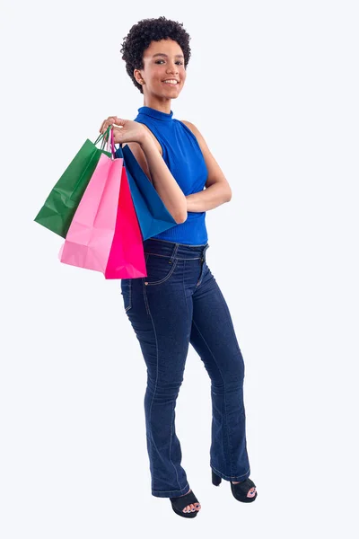 Fotografia Estúdio Jovem Mulher Elegante Sorrindo Com Sacos Compras Contra — Fotografia de Stock