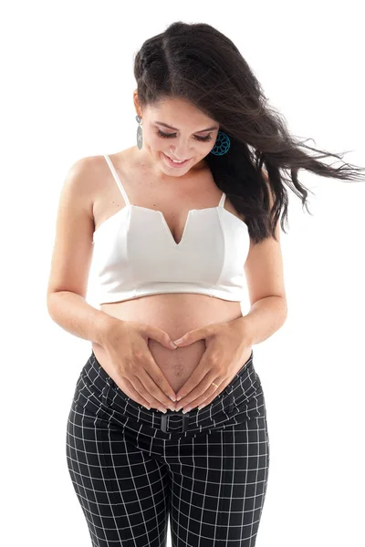 Happy Smiling Pregnant Woman Touching Her Belly Isolated White Background — Stock Photo, Image