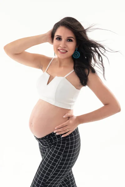 Happy Smiling Pregnant Woman Touching Her Belly Isolated White Background Stock Picture