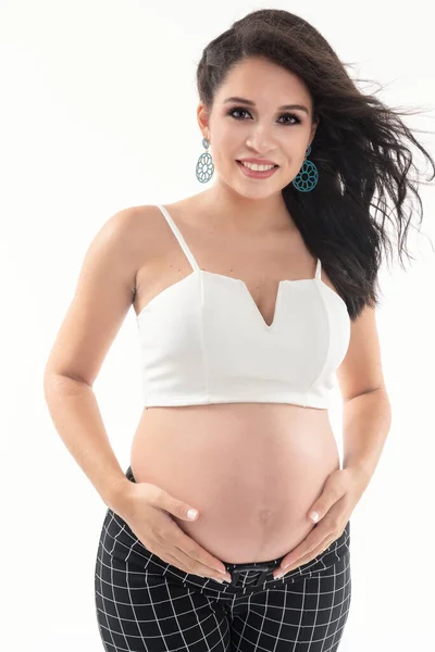 Happy Smiling Pregnant Woman Touching Her Belly Isolated White Background Royalty Free Stock Photos