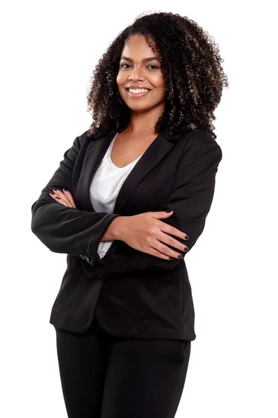 Fotografia Estúdio Jovem Elegante Mulher Negra Sorrindo Isolado Fundo Branco — Fotografia de Stock
