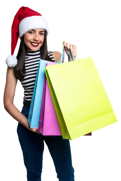 Santa Claus Kobieta Trzyma Torby Zakupy Izolowane Białym Tle — Zdjęcie stockowe