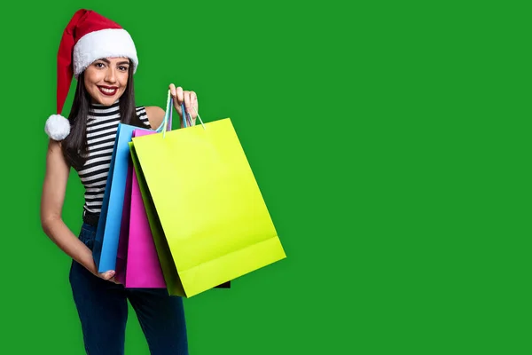 Papai Noel Mulher Segurando Sacos Compras Isolado Fundo Com Espaço — Fotografia de Stock