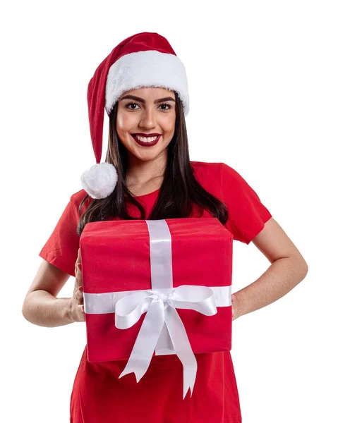 Mulher Com Chapéu Natal Segurando Presente Isolado Fundo Branco — Fotografia de Stock