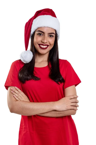 Donna Con Cappello Natale Isolato Sfondo Bianco — Foto Stock