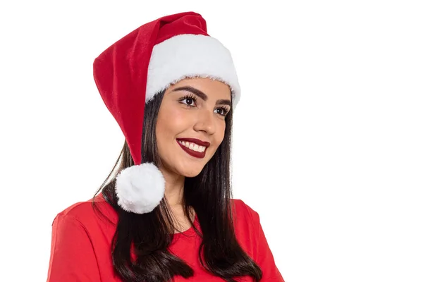 Γυναίκα Χριστουγεννιάτικο Καπέλο Απομονώνονται Λευκό Φόντο — Φωτογραφία Αρχείου