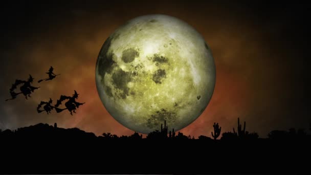 Witches Flying Broomsticks Silhouetted Moon — Stock Video