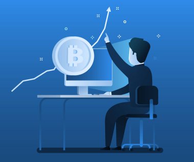 Kripto para birimi kavramı. Bitcoin ve blockchain için yatırımlarına iş adamı. Bitcoin finansal sistemi büyür. Düz tasarım, vektör çizim.
