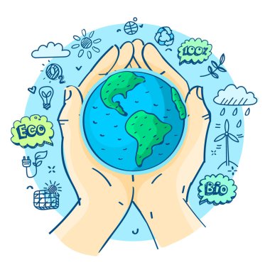 Concept of ecology. Happy earth day. Human hands holding Earth. Hand drawn vector illustration. clipart