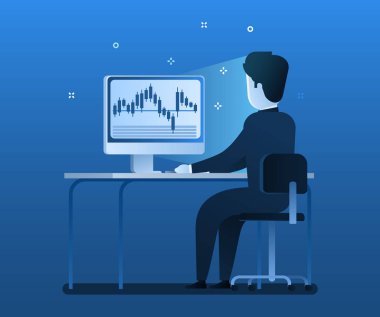 Forex ekonomi kavramı Ticaret Borsası. bilgisayar başında oturan ve Menkul Kıymetler Borsası programı izlerken bir işadamı. Düz tasarım, vektör çizim.