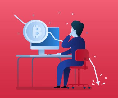 Kripto para birimi kavramı. Bitcoin ve blockchain için yatırımlarına iş adamı. Bitcoin finansal sistemin düşüyor. Düz tasarım, mavi renkli vektör çizim.