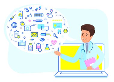 Online tıbbi konsültasyon kavramı. Online Konsültasyon veren doktor. Düz tasarım, vektör çizim.