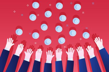 Kripto para birimi kavramı. El bitcoin için ulaşmak. Düz tasarım, vektör çizim kırmızı zemin üzerine.