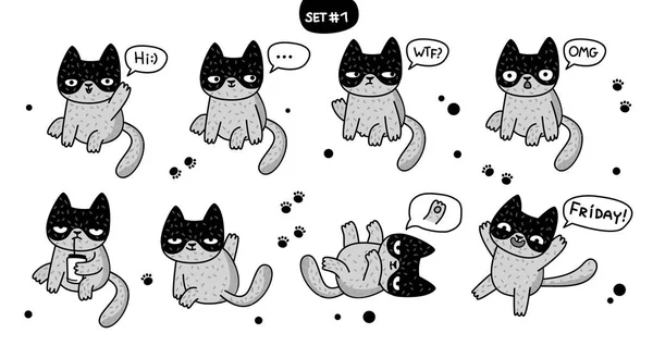 さまざまな感情のかわいい漫画猫 ステッカー コレクション 落書き絵文字と絵文字のベクトルを設定します セット — ストックベクタ