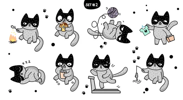 さまざまな感情のかわいい漫画猫 ステッカー コレクション 落書き絵文字と絵文字のベクトルを設定します セット — ストックベクタ