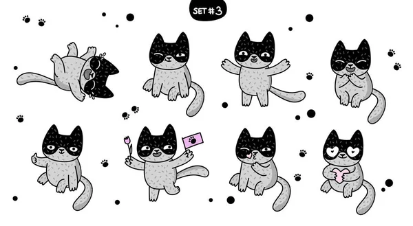 Roztomilý Kreslený Kočky Různými Emocemi Samolepka Kolekce Vektorové Sada Doodle — Stockový vektor