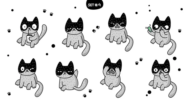 Lindos Gatos Dibujos Animados Con Diferentes Emociones Colección Pegatinas Conjunto — Archivo Imágenes Vectoriales