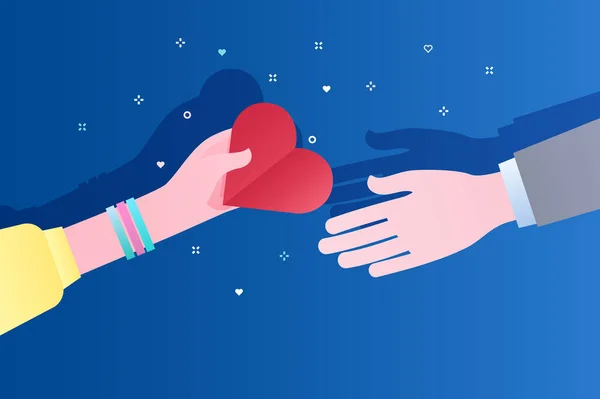 Conceito Caridade Doação Mão Mulher Dando Símbolo Coração Para Outra —  Vetores de Stock
