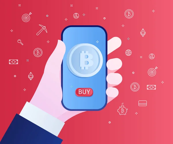 Empresário Segurando Smartphone Mão Com Símbolo Bitcoin — Vetor de Stock