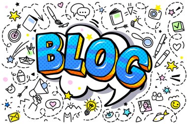 Bloglama kavramını. Altın ve mavi Blog kelime kabarcık oluşturur. Mesaj pop sanat komik tarzı.