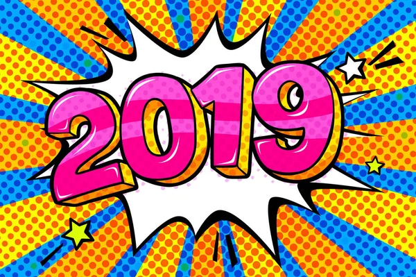 Neujahrsgrußkarte Rosarote Zahlen 2019 Der Wortblase Botschaft Pop Art Comicstil — Stockvektor
