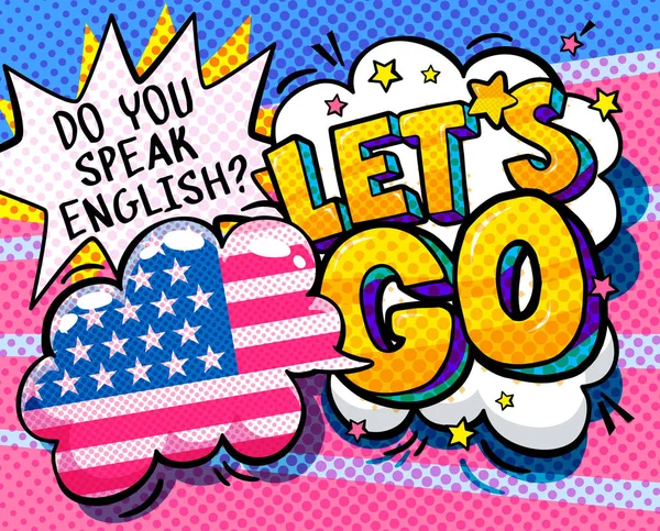 Concepto Estudiar Inglés Hablas Inglés Vamos Burbuja Palabra Con Bandera — Vector de stock