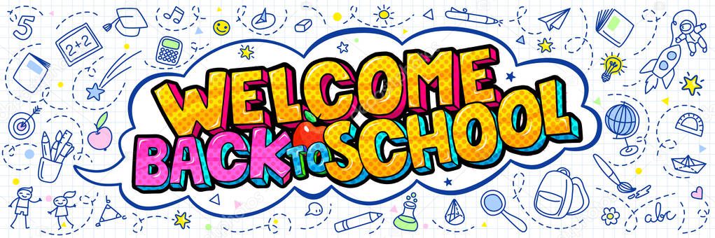 Welcome Back to School lettering in pop art style on white background with school supplies.