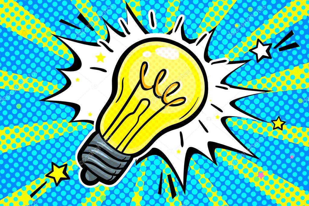Concept of Idea. Light bulb in pop art style on blue and green background.